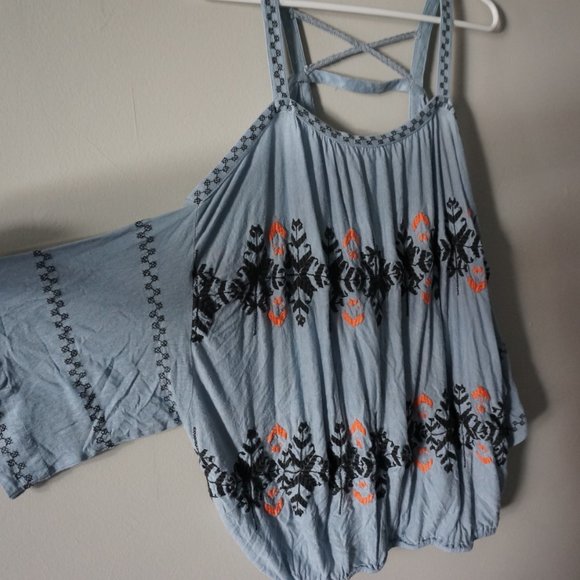 Free People New World Dusty Aqua Blue Peasant Top - Picture 3 of 7